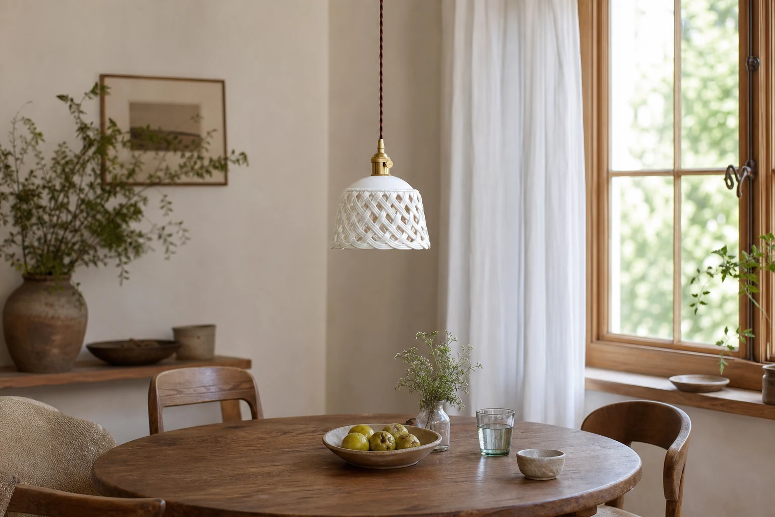 Ażurowa ceramiczna lampa wisząca w stylizowanej scenie wewnętrznej