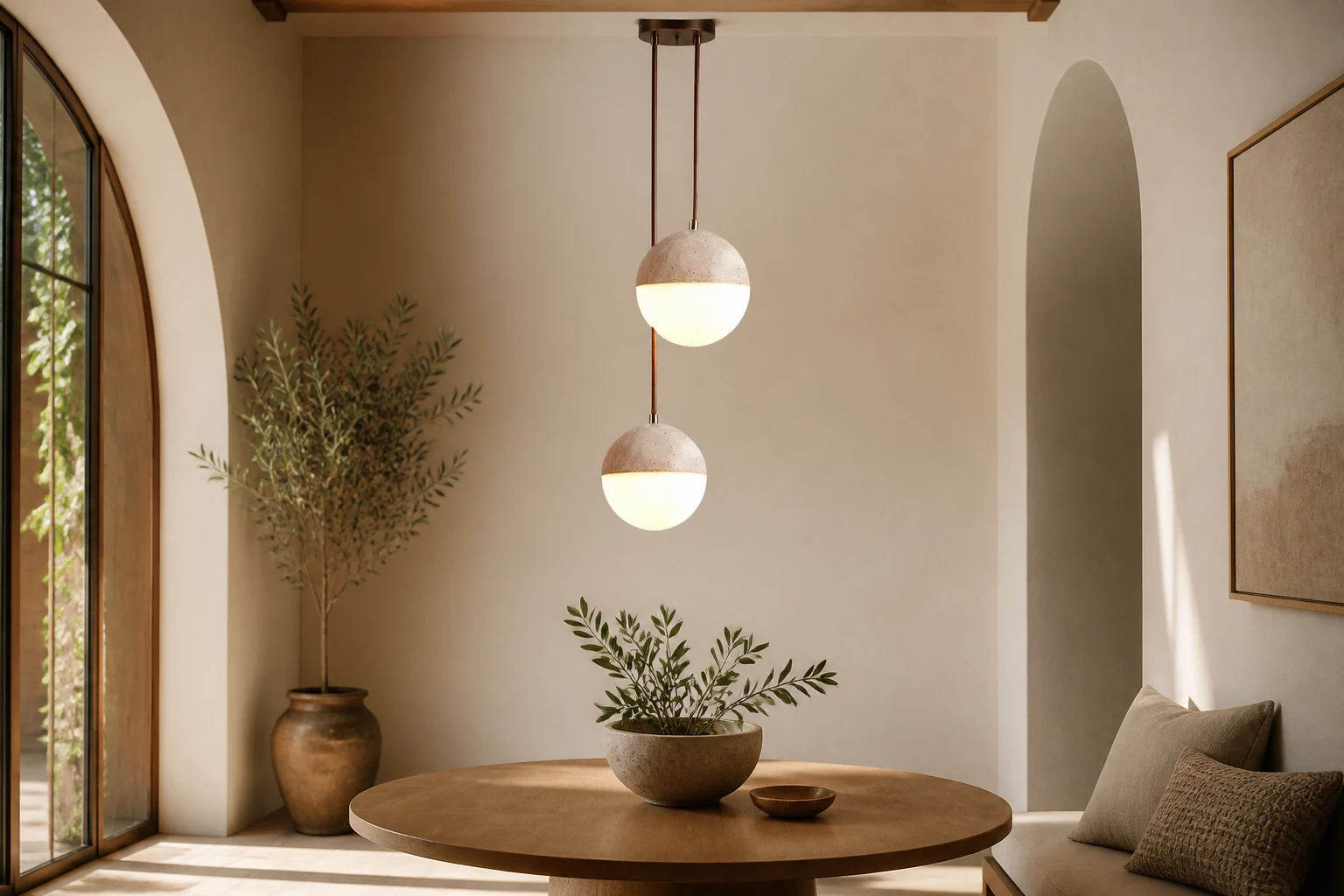 Trawertynowa lampa wisząca w kształcie kulki D916, scena lifestylowa