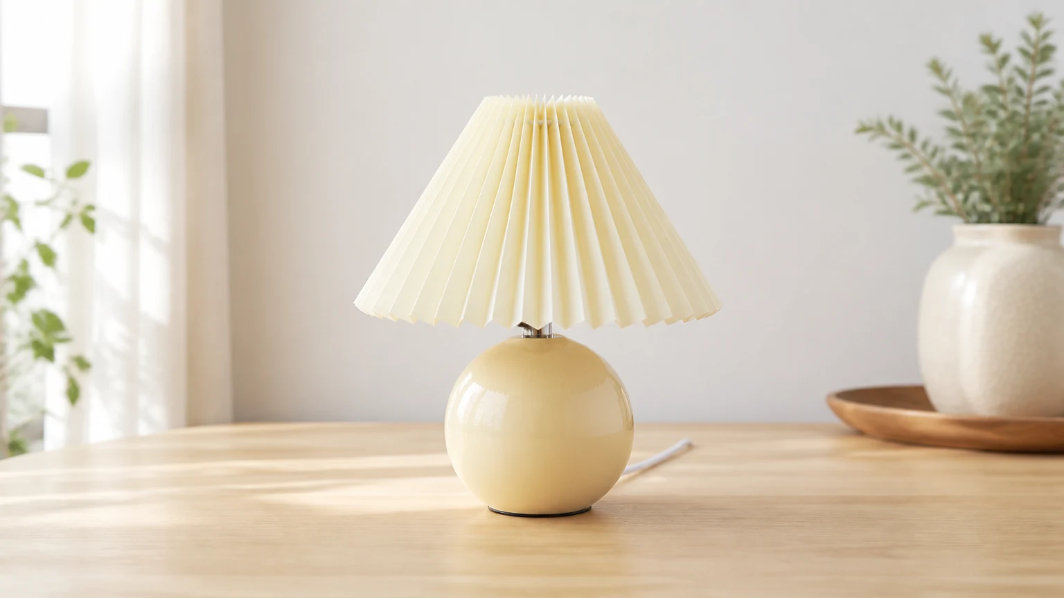 Krämig bordslampa i en varm bordsmiljö