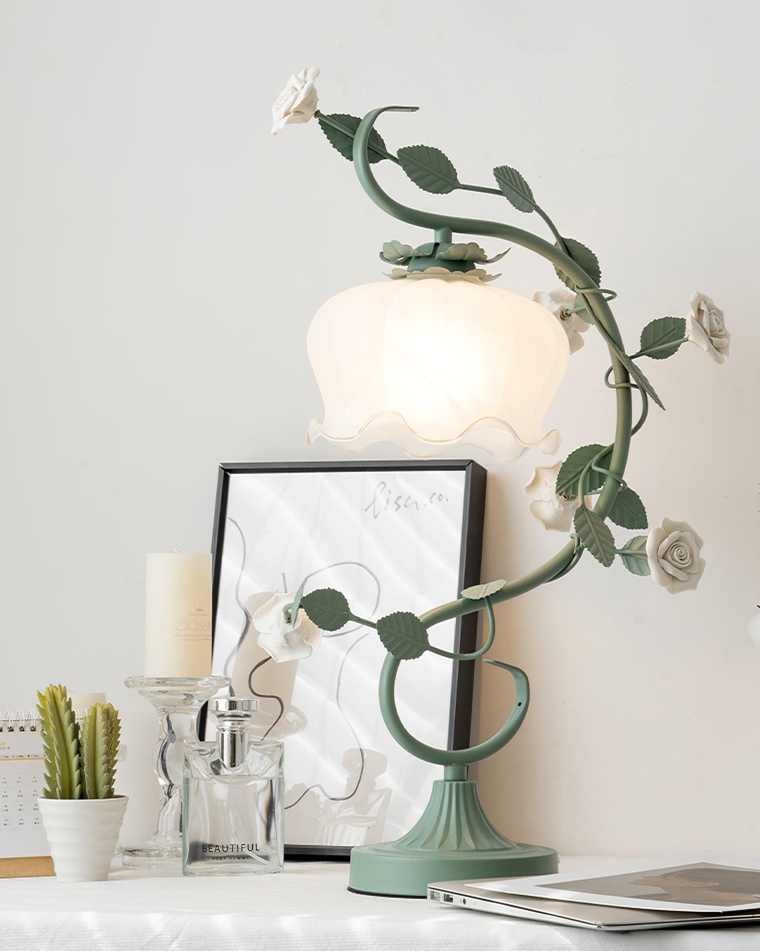 Green Pink White Rose Flower Table Lamp M209