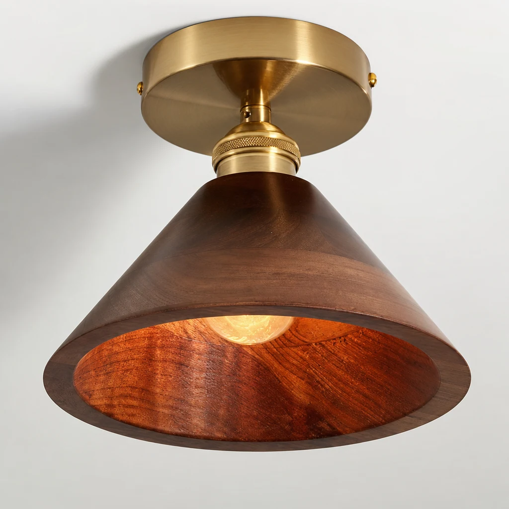 Zbliżenie na wykończenie z drewna i mosiądzu lampy sufitowej Collar Wood