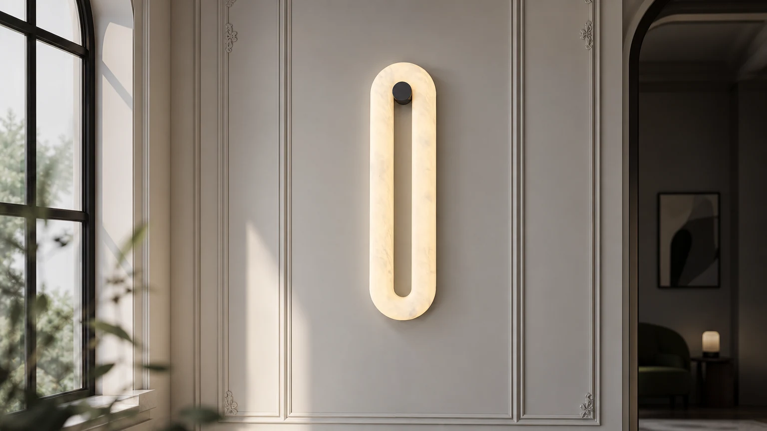 Lampa ścienna Alabaster Loop D394 w ciepłej scenerii ściany wewnętrznej