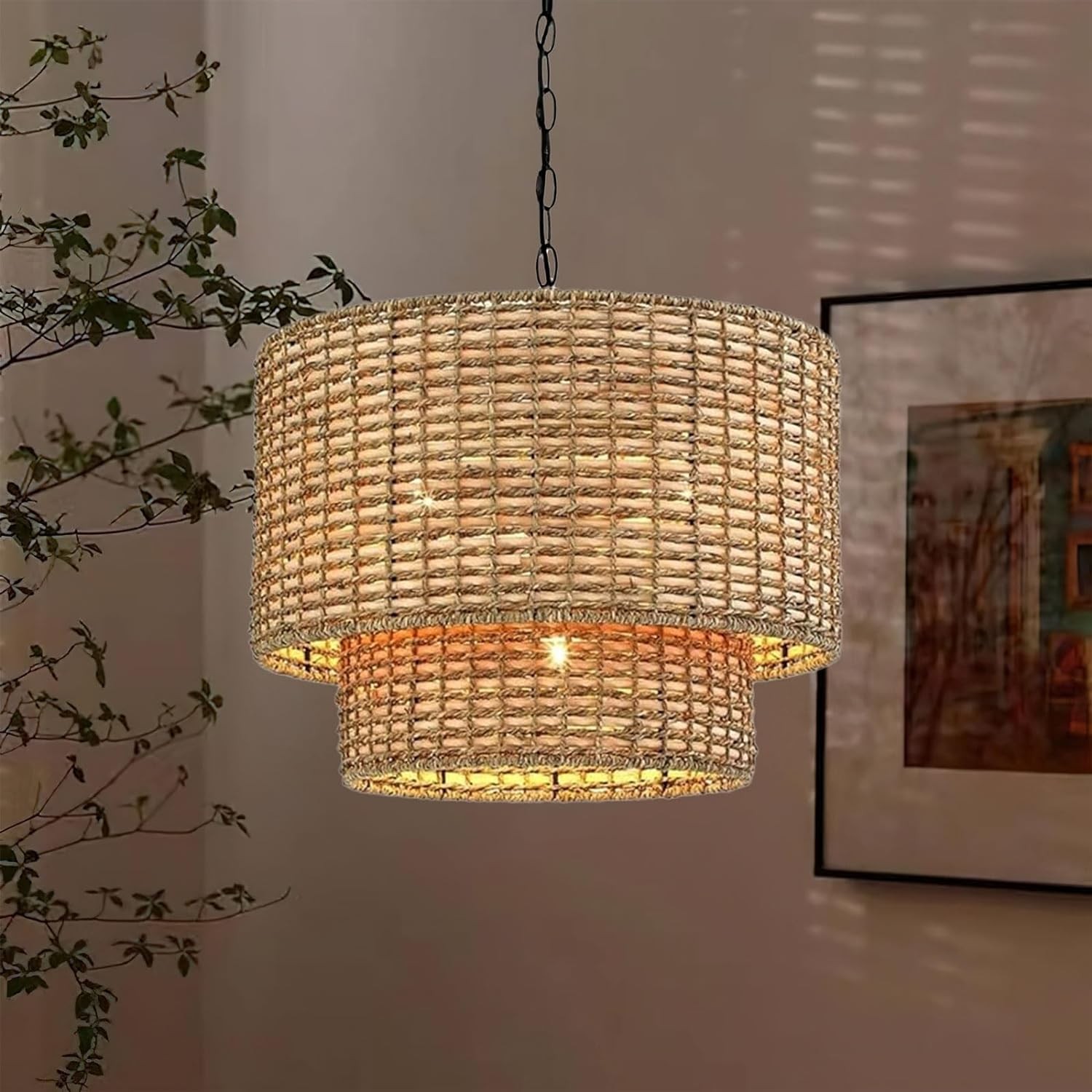 Lampa wisząca z podwójnym bębnem z rattanu, pojedynczo podświetlana, w stylu lifestylowym