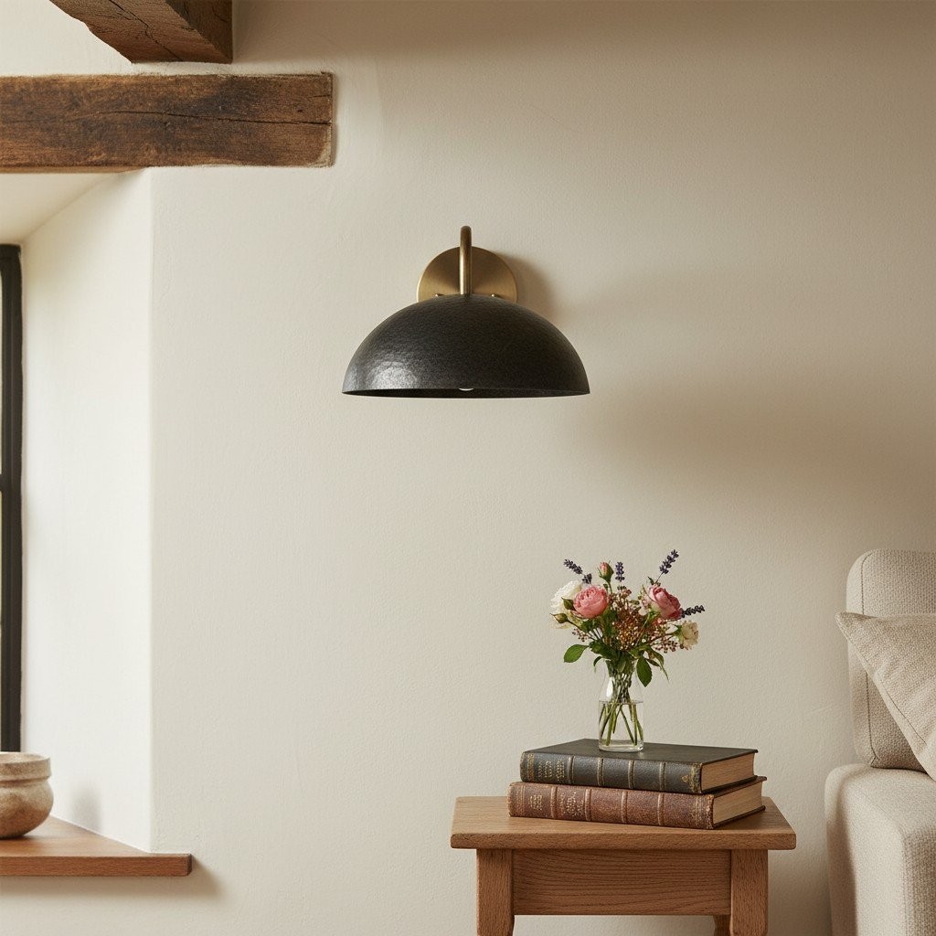 Curva Metal Industrial Wall Sconce - Curved Brass Arm - Hammered Dome Light Fixture T408