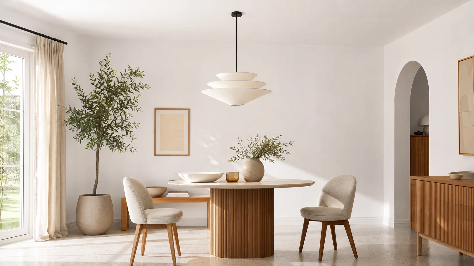 Warstwowa lniana lampa wisząca Solivara zainstalowana w spokojnym pomieszczeniu