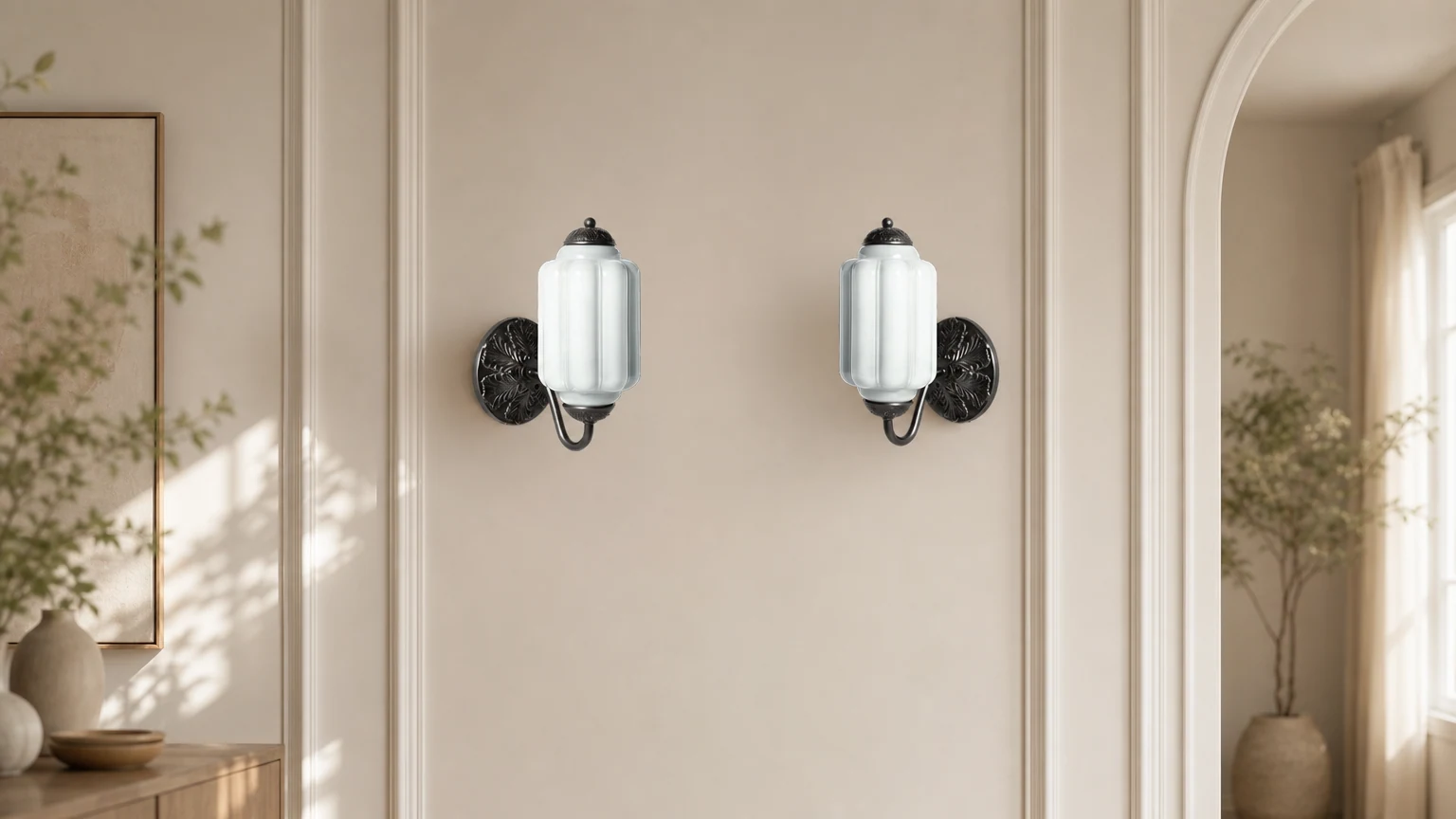 Vintage vegglampe formet som lysestake i glass M03 i et varmt interiør