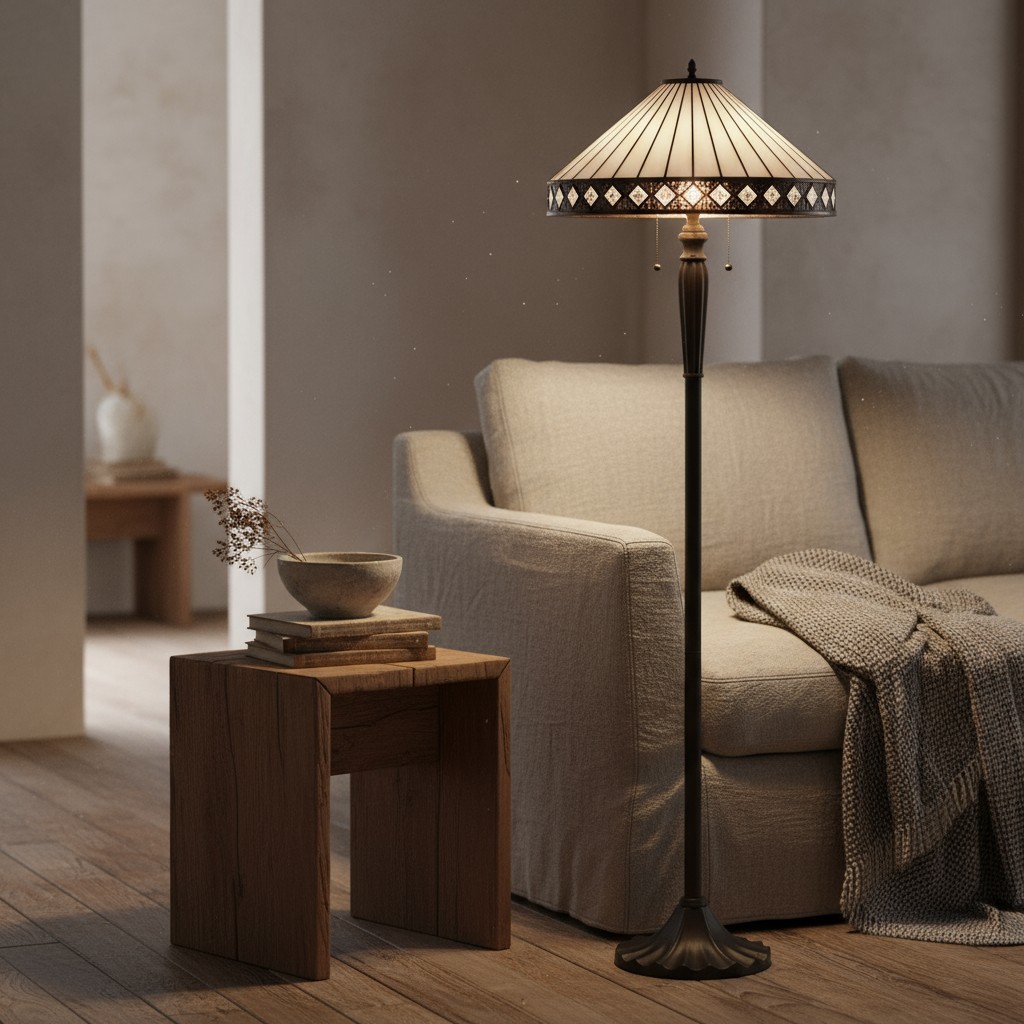 TF Fargo Geometric Tiffany Style Lamp - Amber and Cream Glass Accent Lighting for Bedroom or Study T643