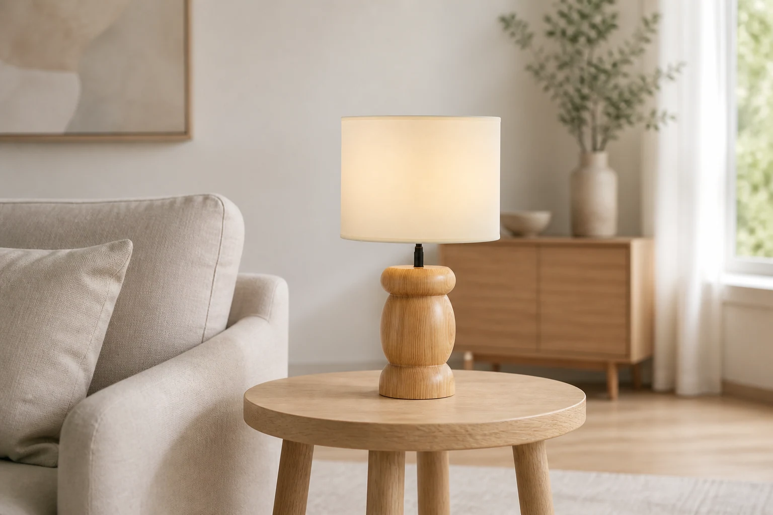 Lampa stołowa z drewna Pebble w stylu salonu