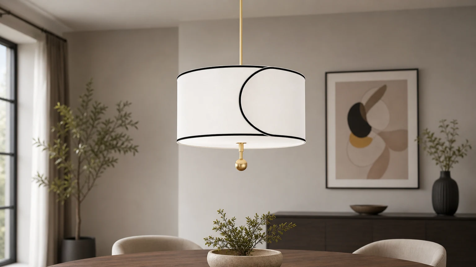 Lampa wisząca Roven z 3 światłami w kształcie bębna zainstalowana w jadalni