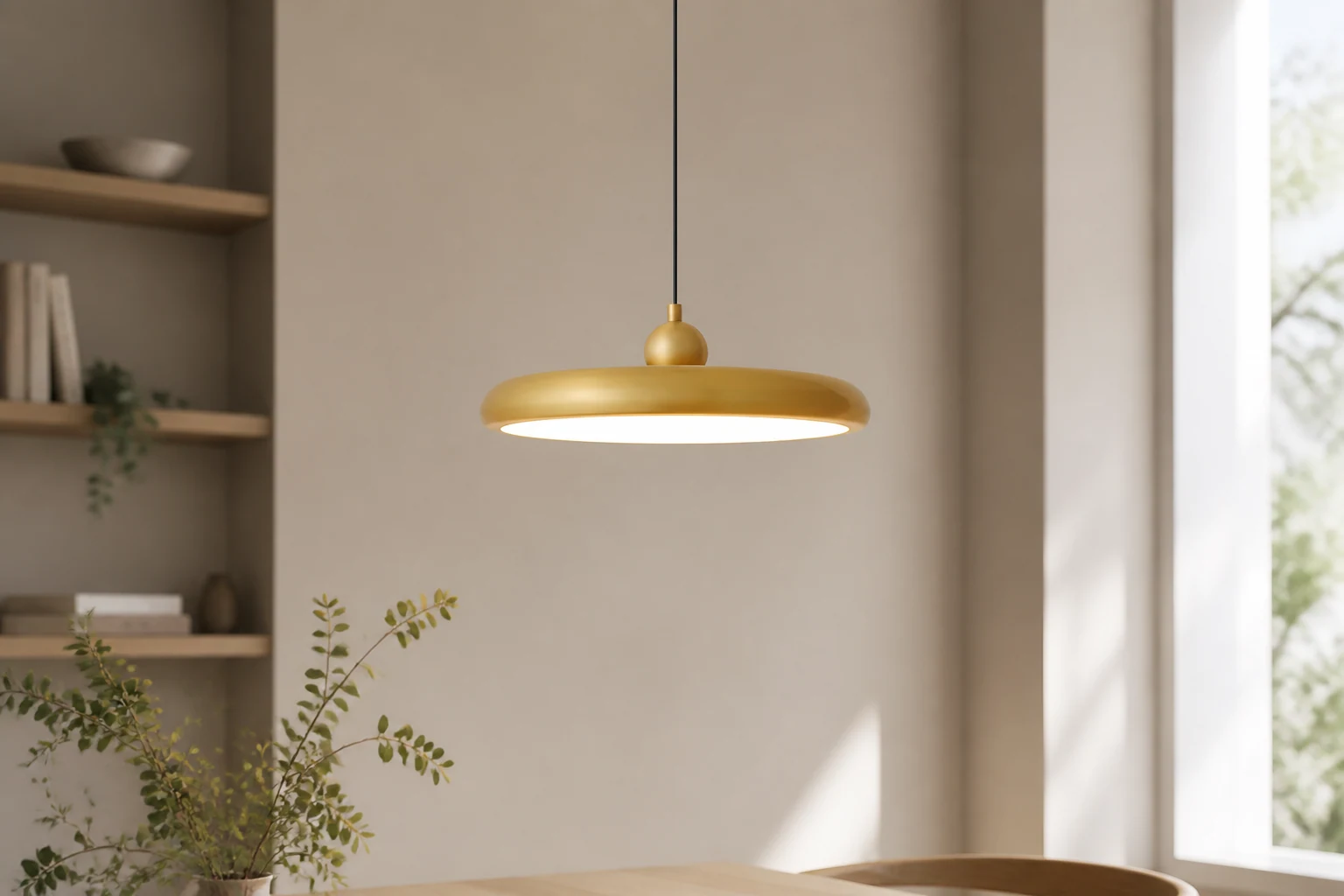 Lampa wisząca z cienkim dyskiem w scenie pokoju lifestylowego