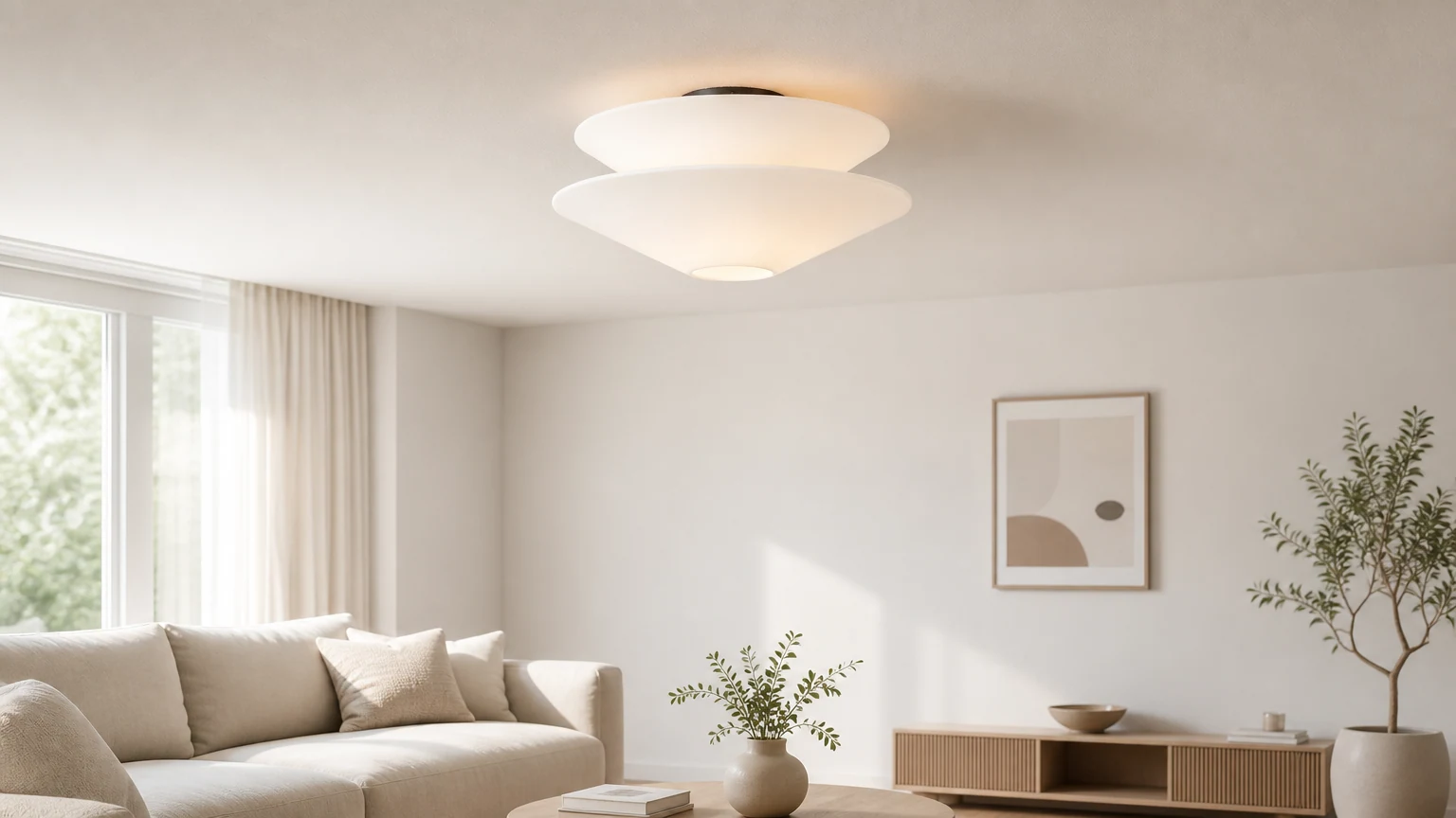 Lampa sufitowa Solivara w kolorze mlecznobiałym, do montażu podtynkowego, w ciepłej scenerii salonu