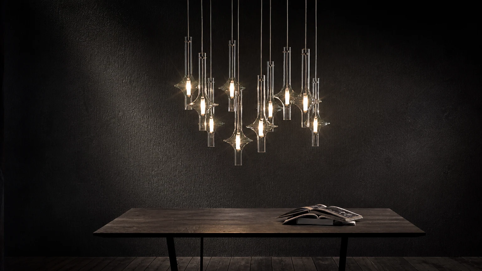 Nowoczesna kreatywna lampa wisząca ze szklanej rurki M101 zainstalowana jako lampa sufitowa z ciepłą szklaną rurką