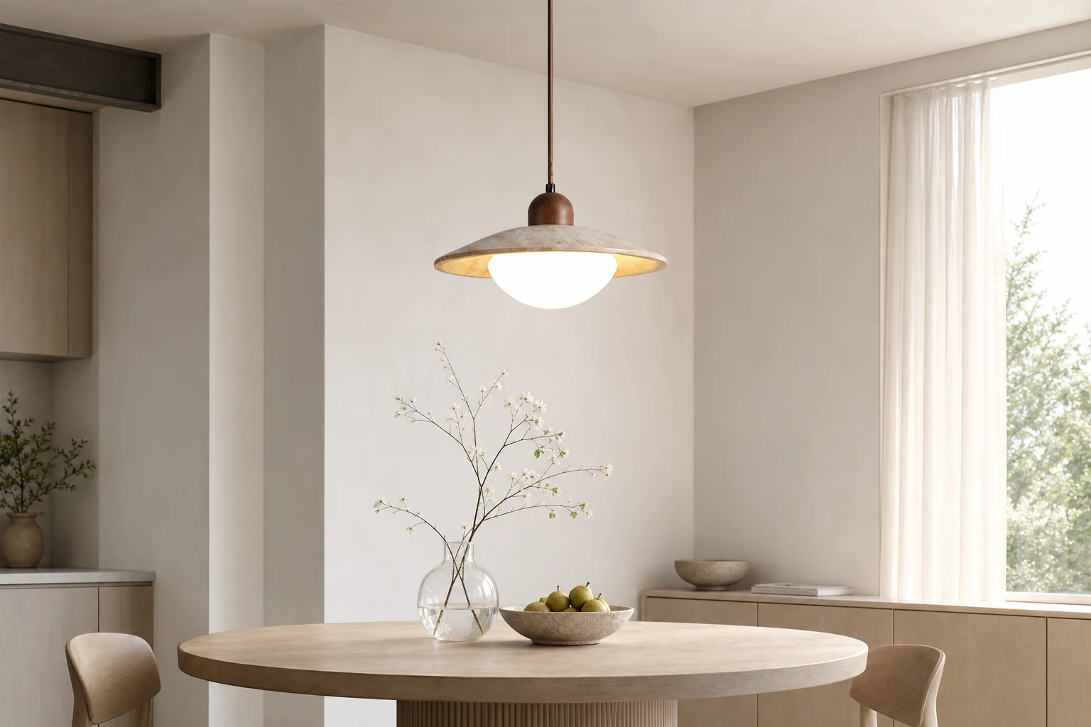 Scena lifestylowa przedstawiająca lampę wiszącą M281 w stonowanym wnętrzu