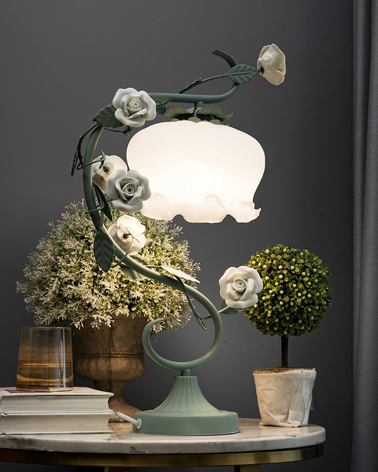 Green Pink White Rose Flower Table Lamp M209
