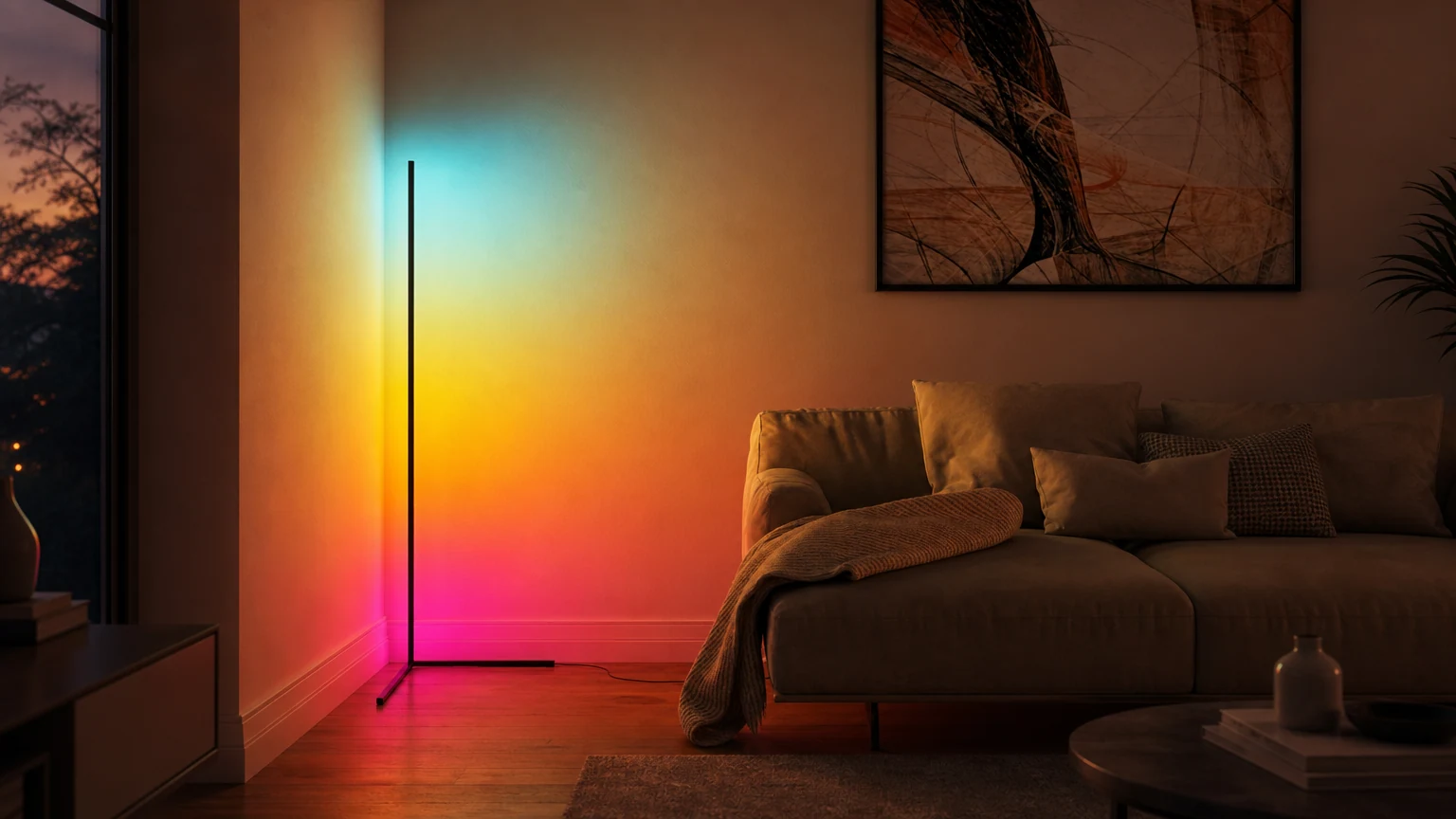 Regulowana lampa podłogowa RGB w kolorowej scenie pokoju