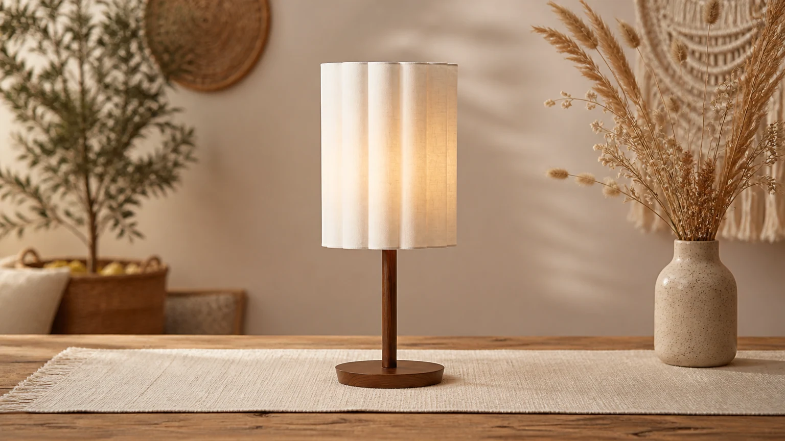 Lampa stołowa z abażurem z tkaniny Linbron z podstawą z drewna orzechowego w ciepłym wnętrzu