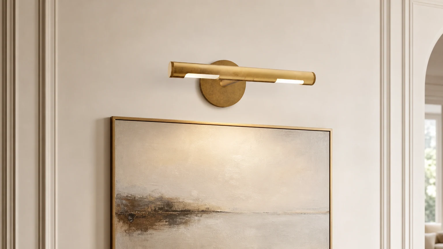 Lampa obrazowa z postarzanym wykończeniem Aurix zamontowana nad grafiką