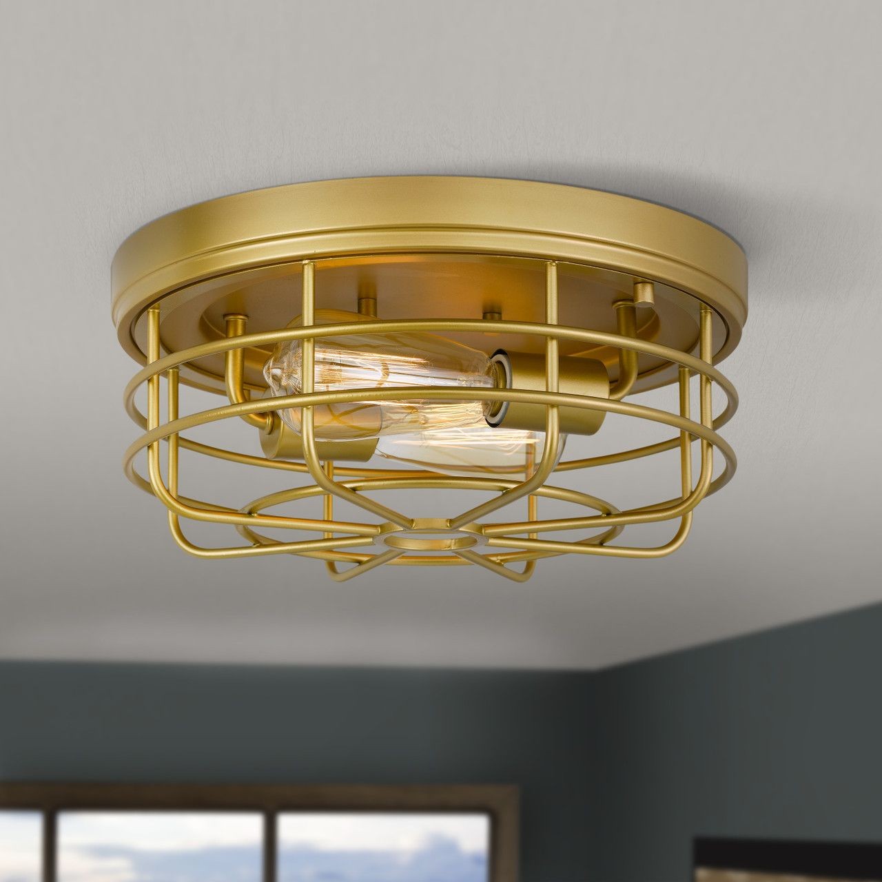 Industrial Flush Mount Metal Cage Round Ceiling Light S115