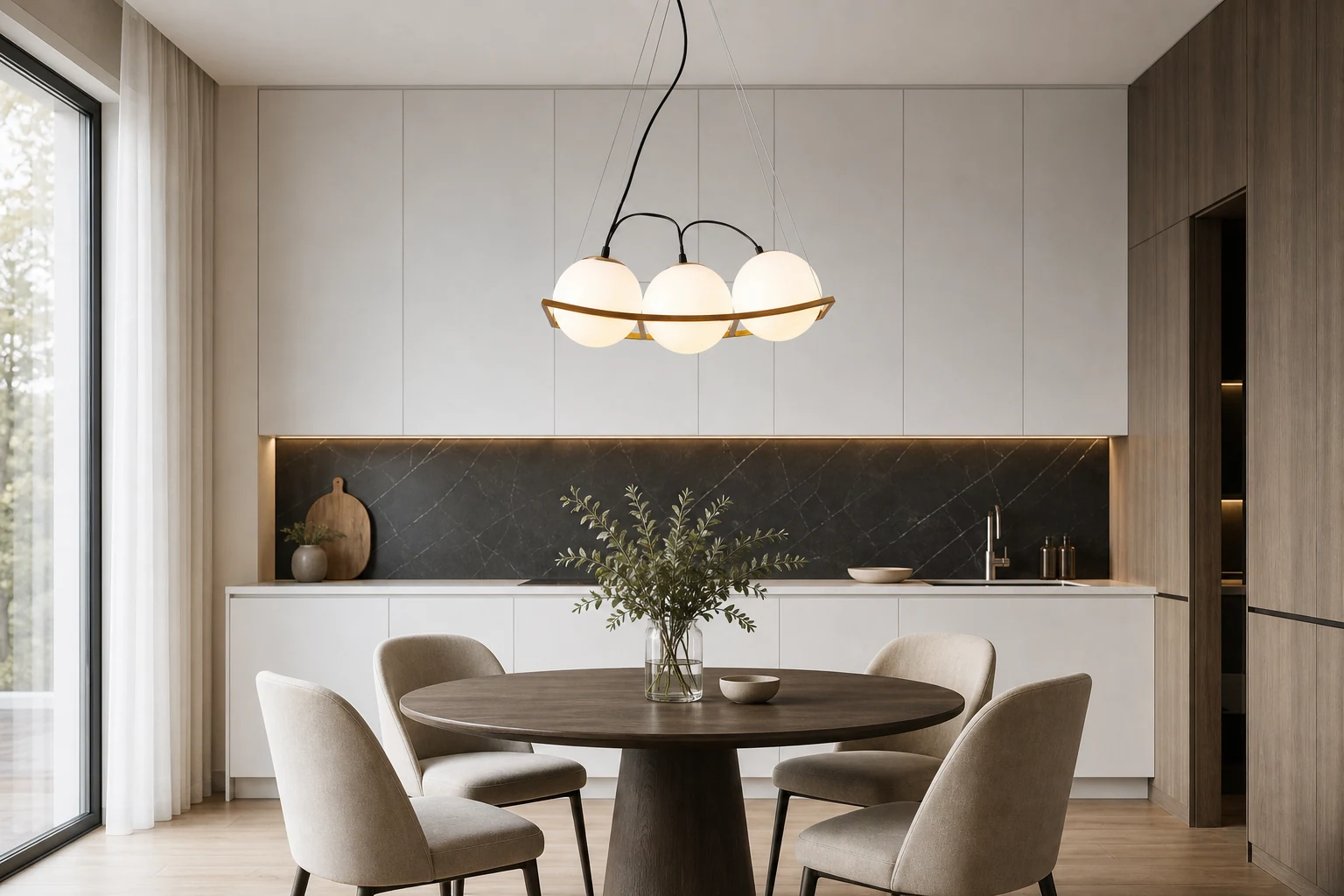 Scena w stylu lifestylowym z widoczną pełną lampą wiszącą Curved Pea