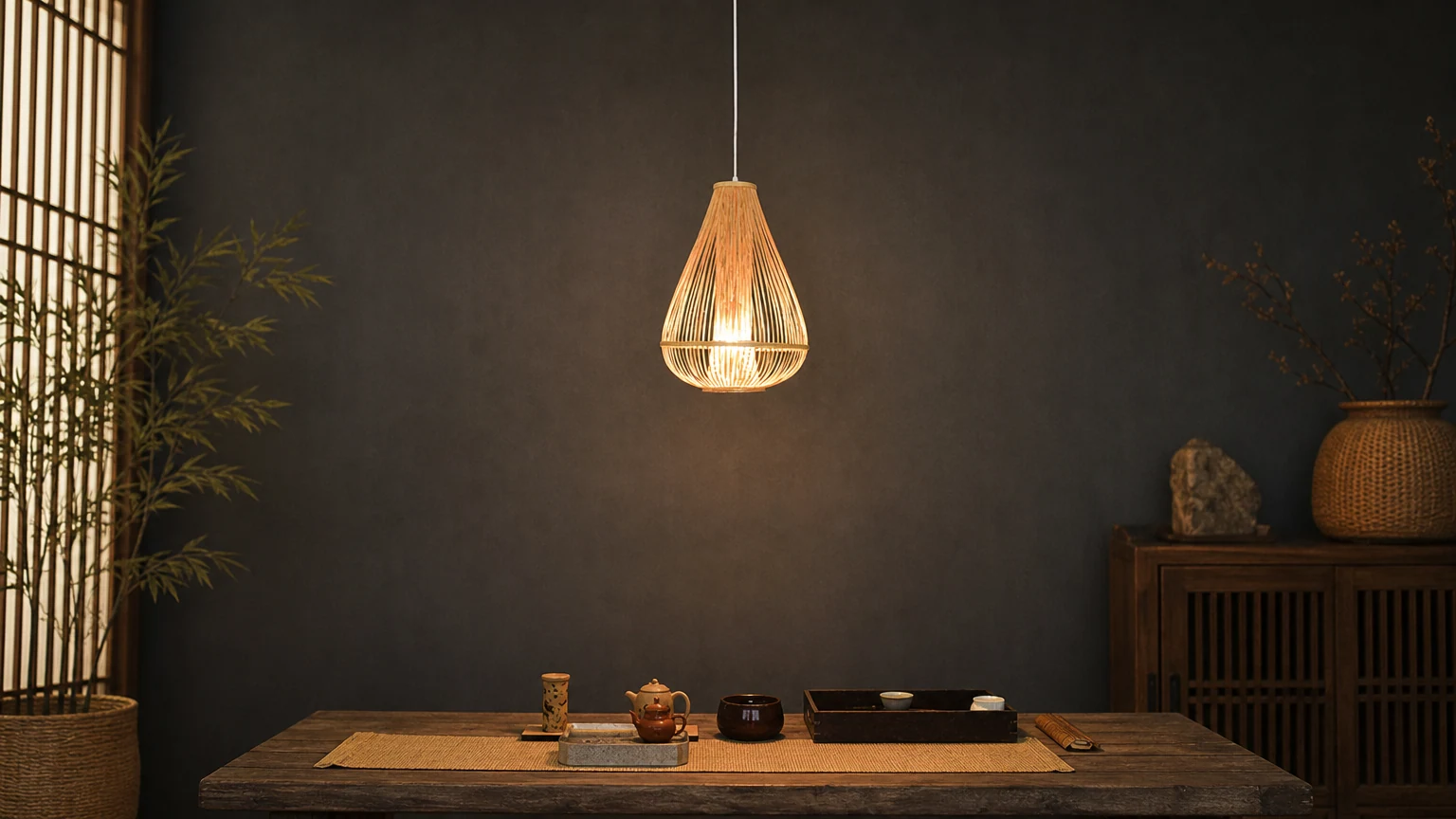 Rattanowa lampa wisząca w stylu chińskim w ciepłym wnętrzu