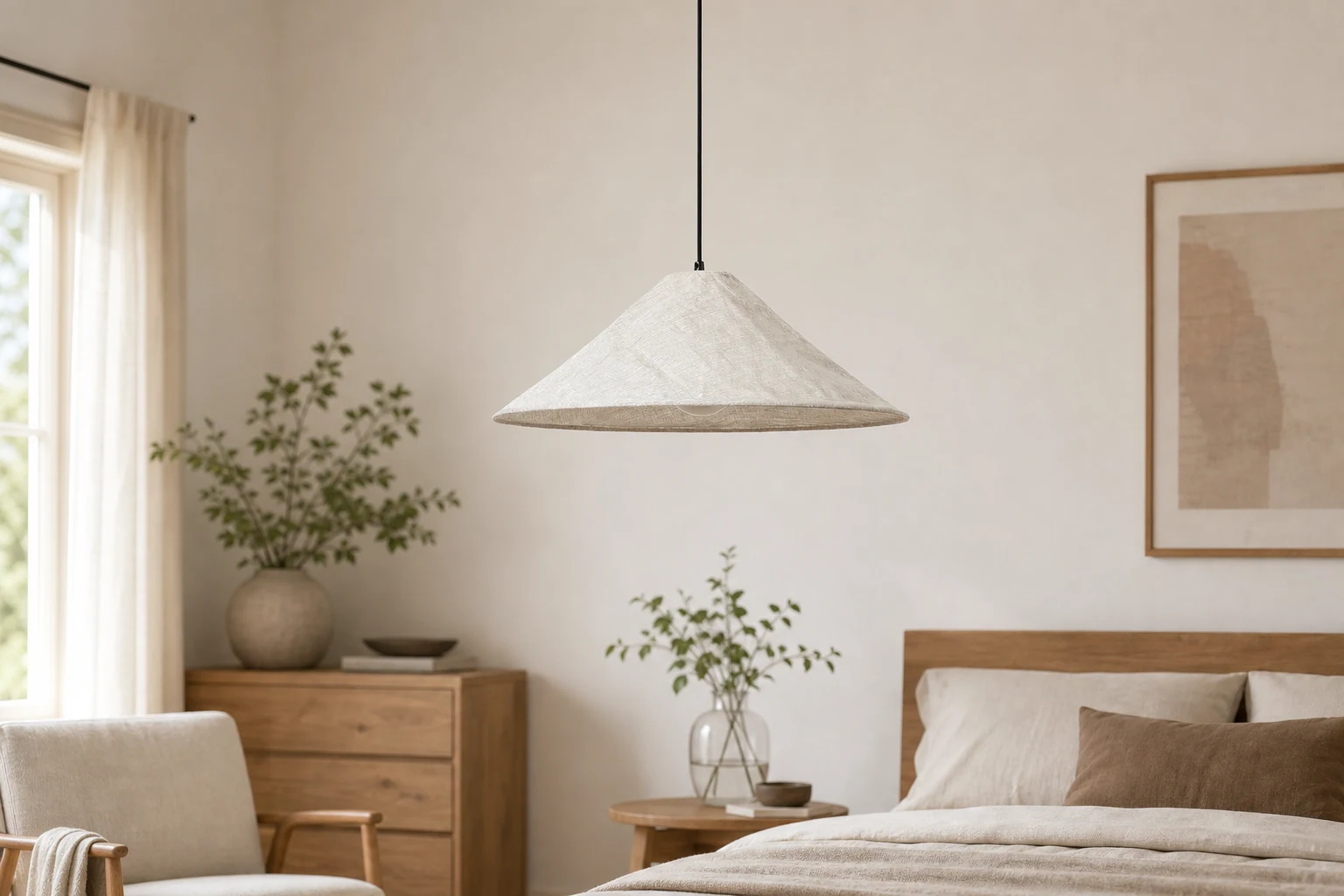 Lampa wisząca Zalen z naturalnego lnu, stylizowana na spokojną scenę salonu
