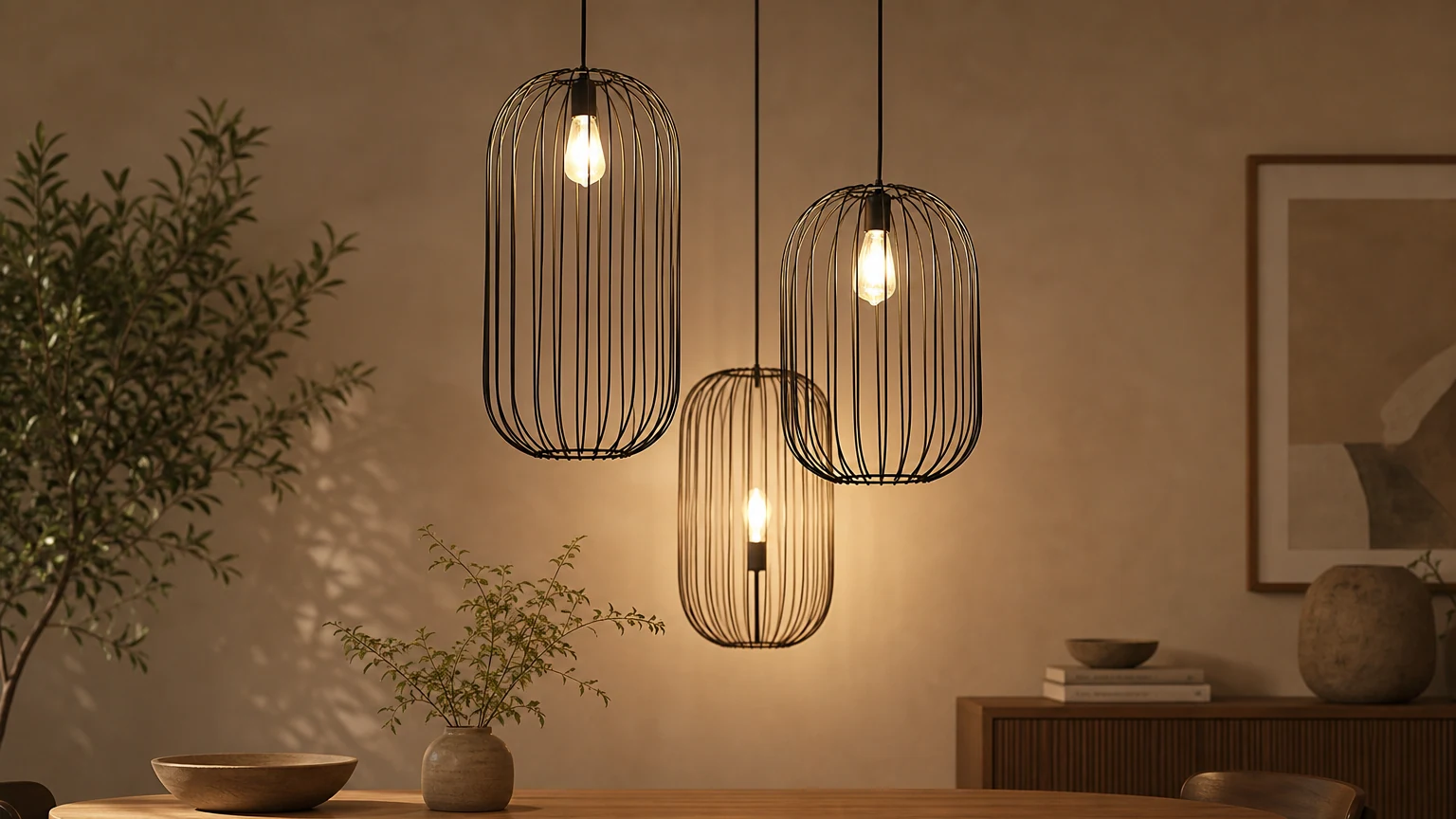 Lampa wisząca Stripe Cage w ciepłym wnętrzu