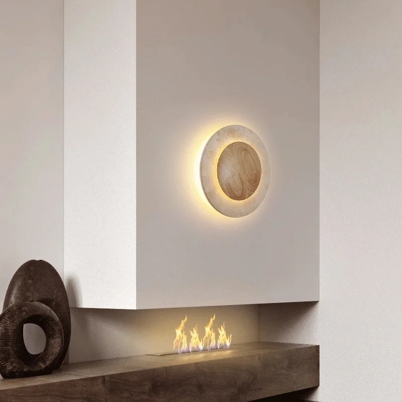 Round Travertine Wood Wall Light D880