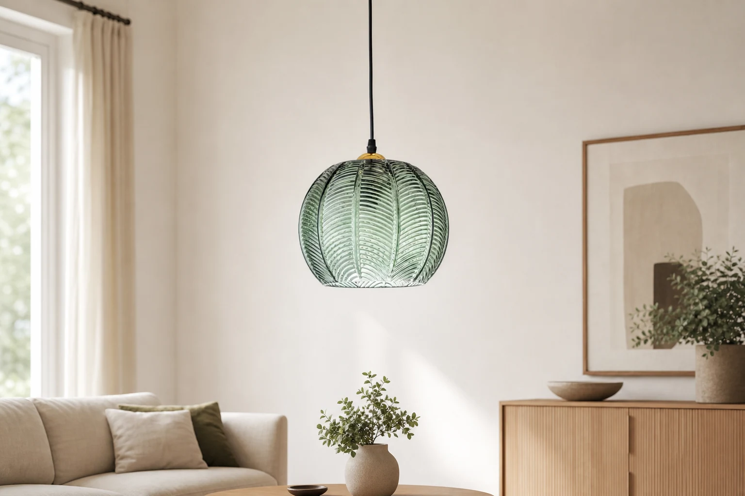 Lampa wisząca z zielonego szkła w scenie pokoju lifestylowego