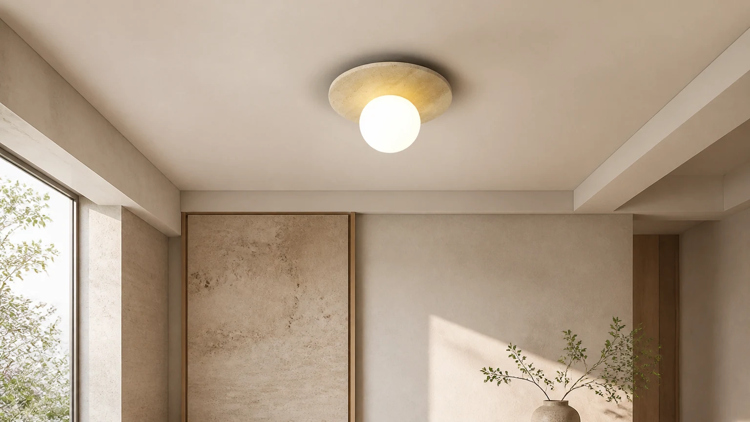 Półwpuszczana lampa sufitowa z żółtego trawertynu w ciepłym, minimalistycznym pomieszczeniu