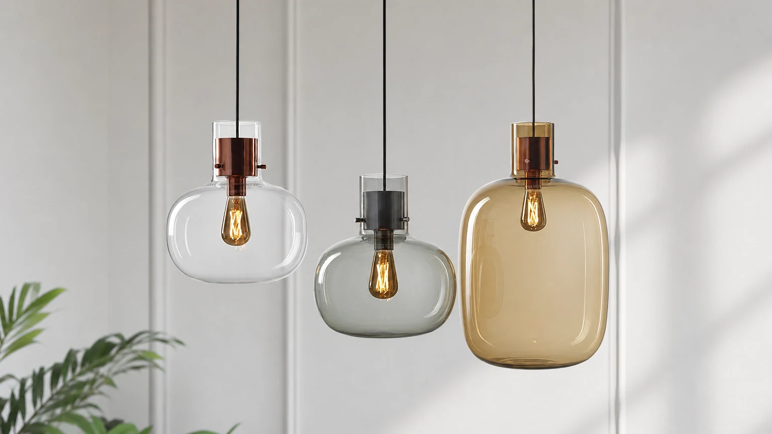 Lampa wisząca ze szkła nordyckiego w poziomej scenie pomieszczenia
