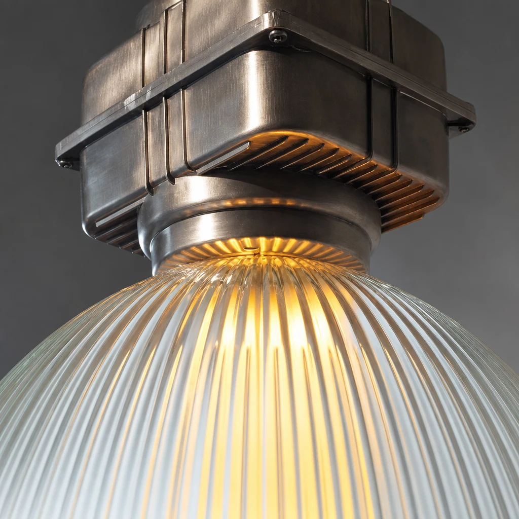 Zbliżenie na metalowy korpus lampy wiszącej Lobay Light i szklany klosz