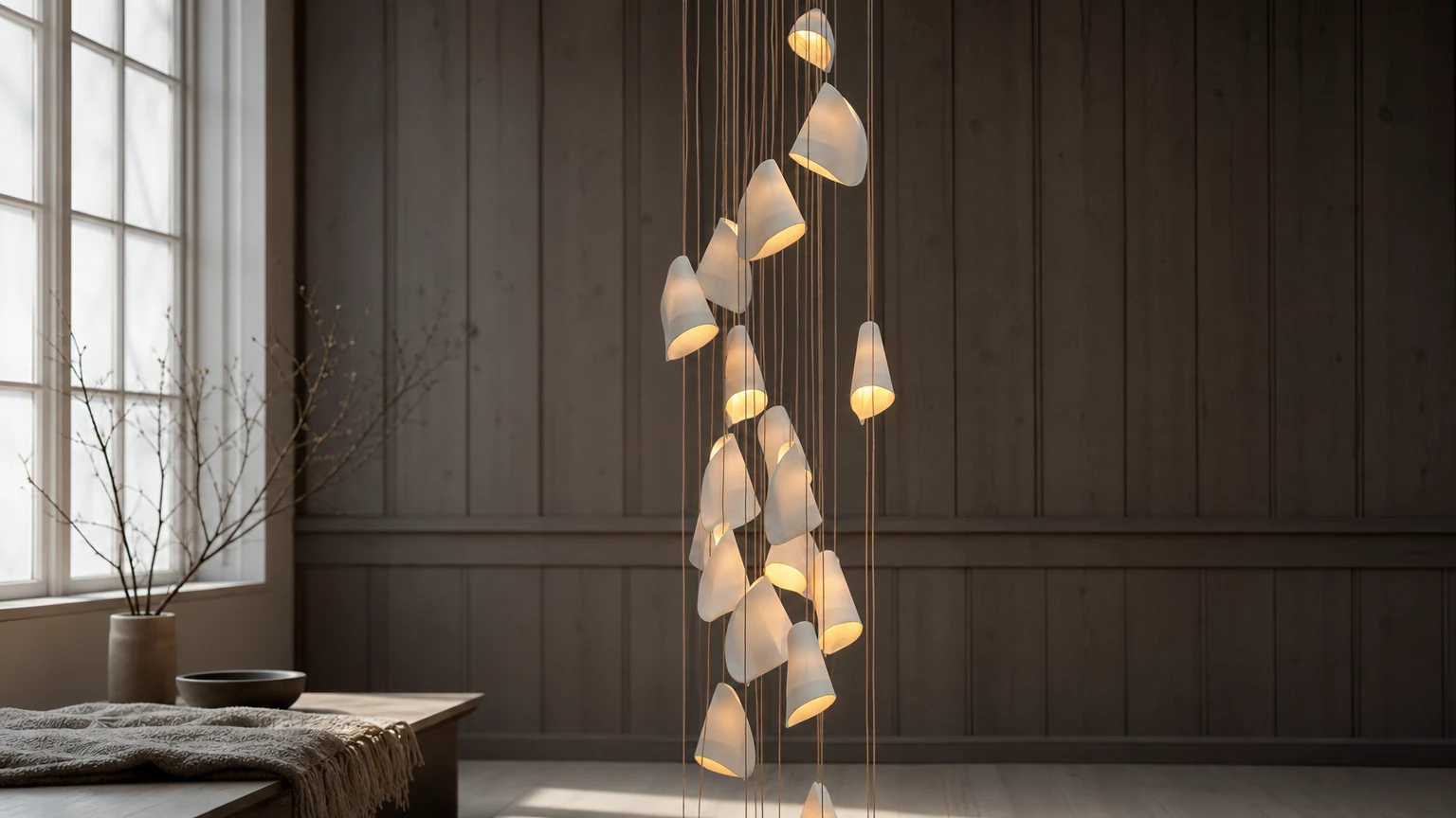 Skandynawska porcelanowa lampa wisząca Boki w poziomej scenie wewnętrznej