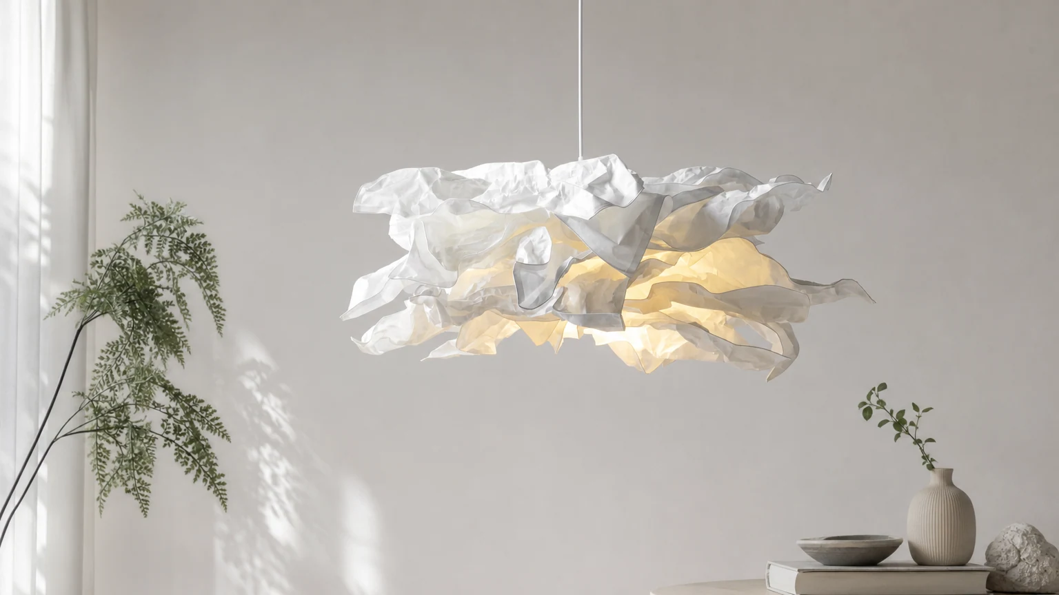 Lampa wisząca Paper Plug In D87 z pełnym białym, składanym papierowym kloszem w scenie pokojowej