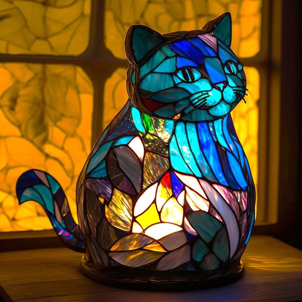 Katteformet bordlampe i harpiks som lyser på et bord