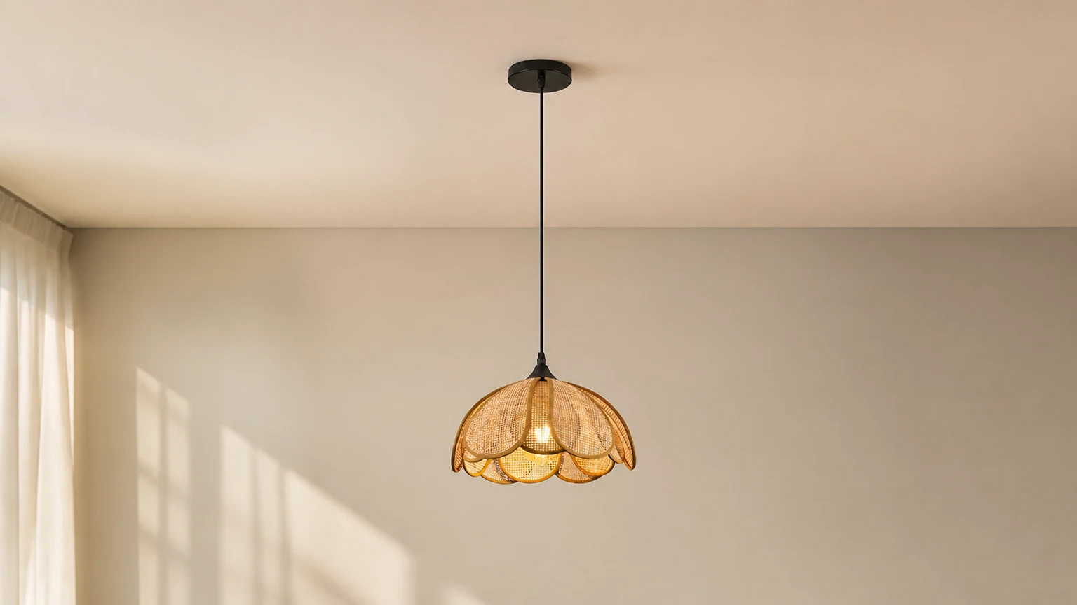 Rattanowa lampa wisząca Bloom D358 w ciepłym wnętrzu