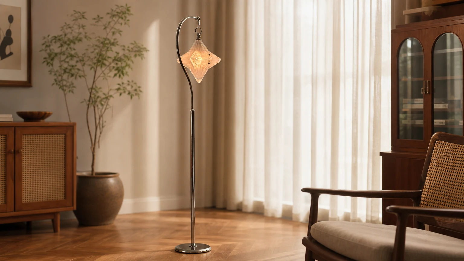 Lampa podłogowa w kształcie gwiazdy w stylu art deco Astris Orion T438 w scenie w salonie