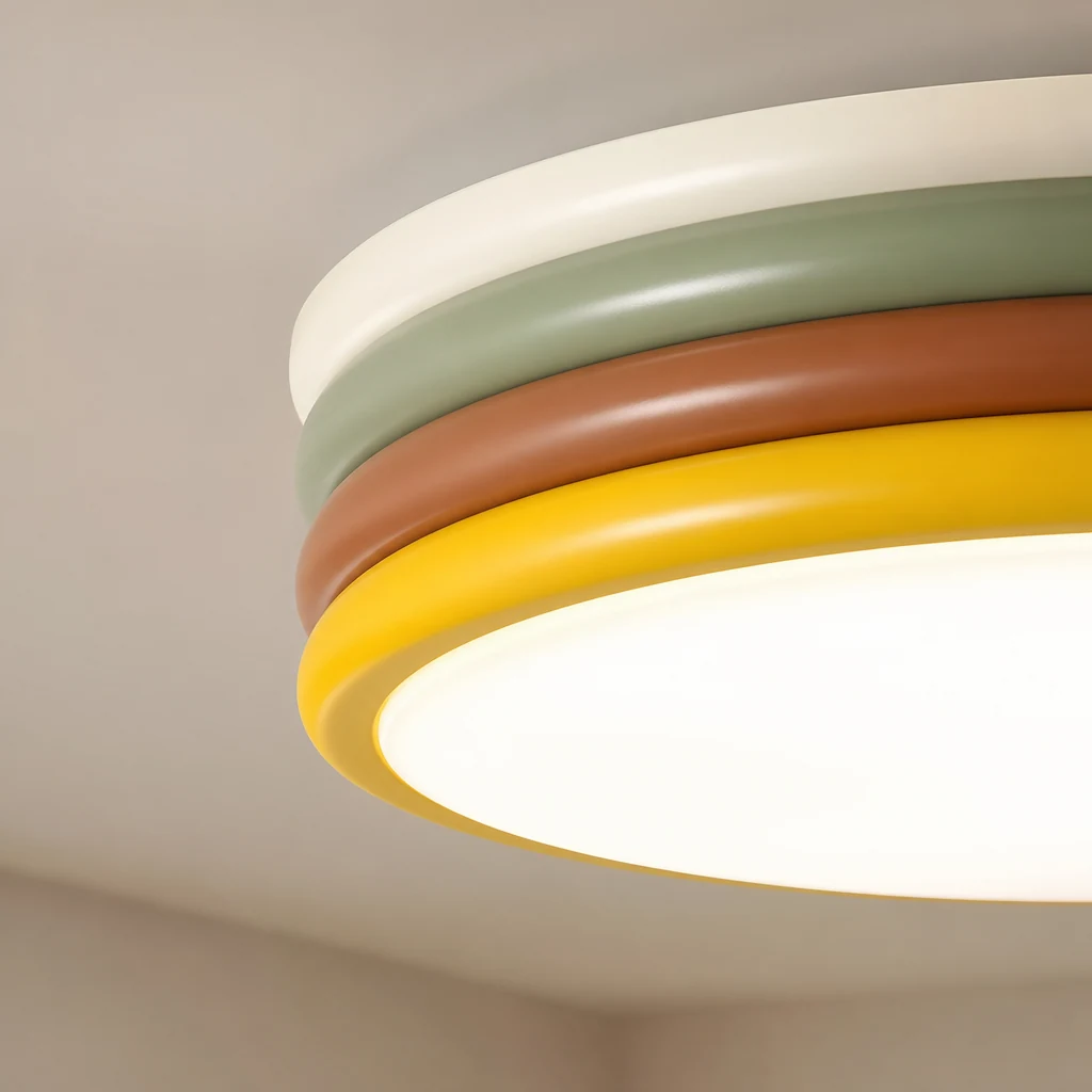 Zbliżenie na warstwową lampę sufitową typu hamburger z metalu i akrylu