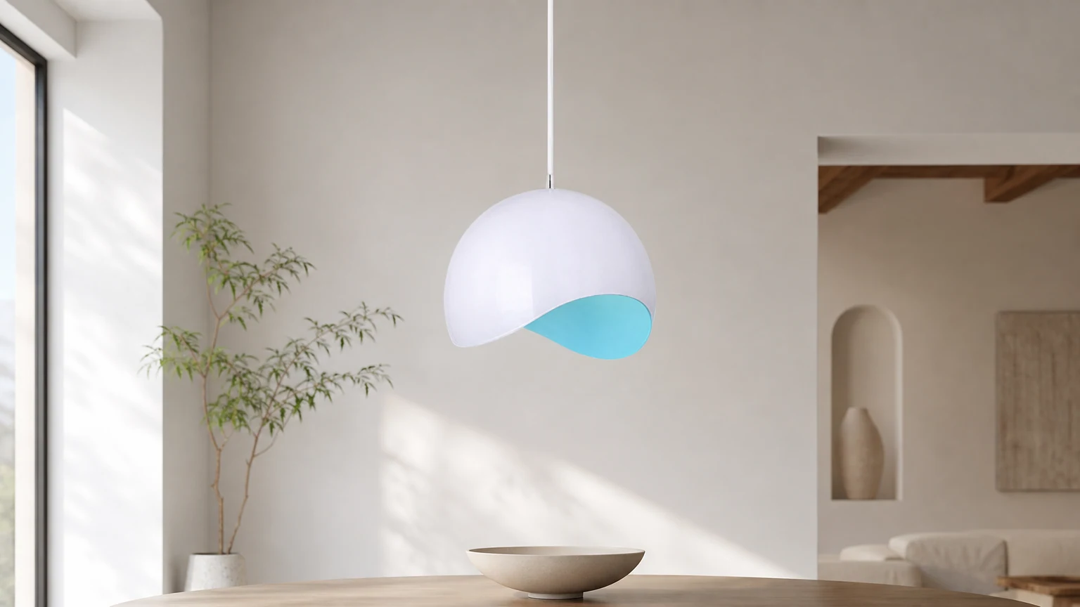 Kreatywna metalowa lampa wisząca Semi Eggshell S158 w poziomej scenie wewnętrznej