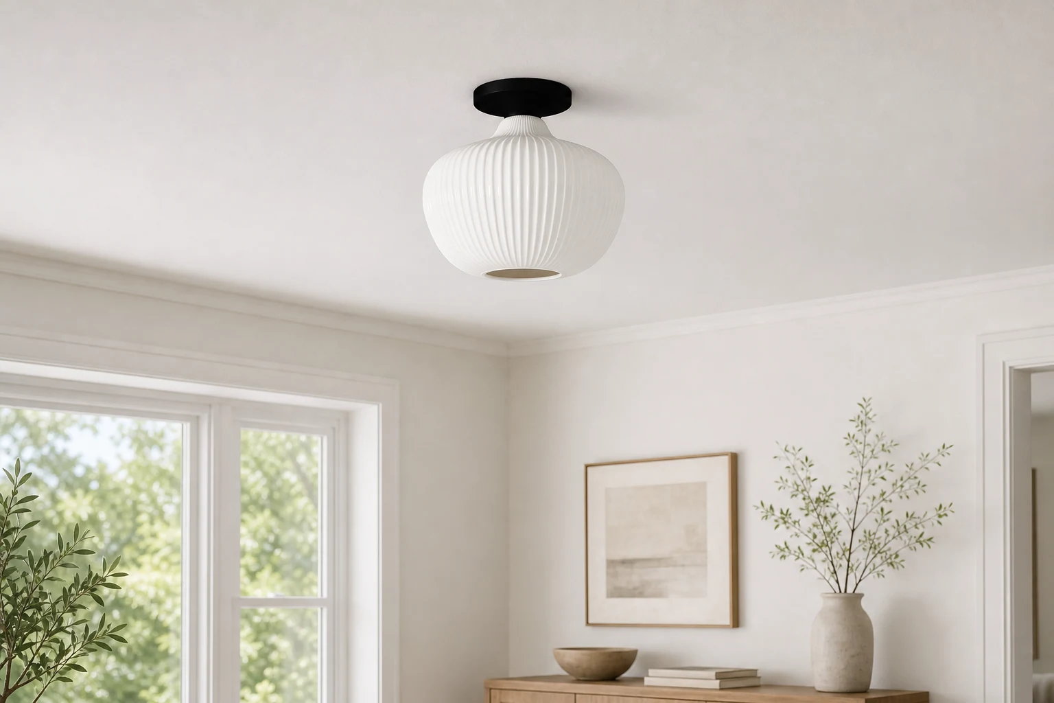 Szklana lampa sufitowa Rivrona do montażu wpuszczanego, pokazana w pomieszczeniu urządzonym w stylu lifestylowym