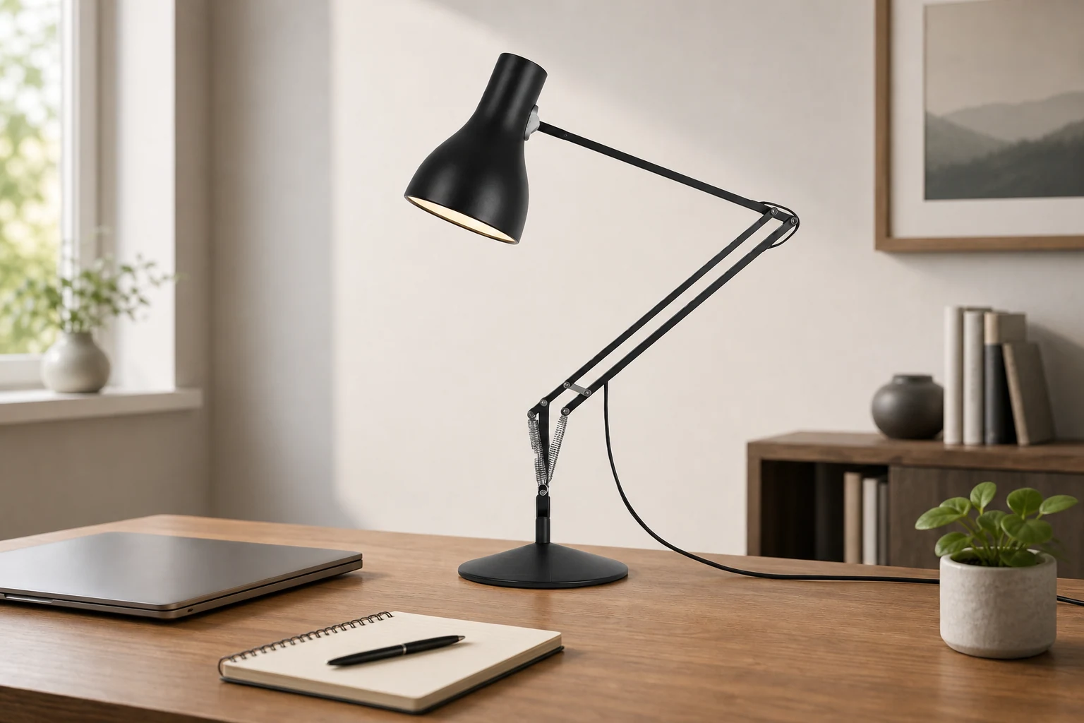 Regulowana lampa biurkowa Modryx na nowoczesnym biurku