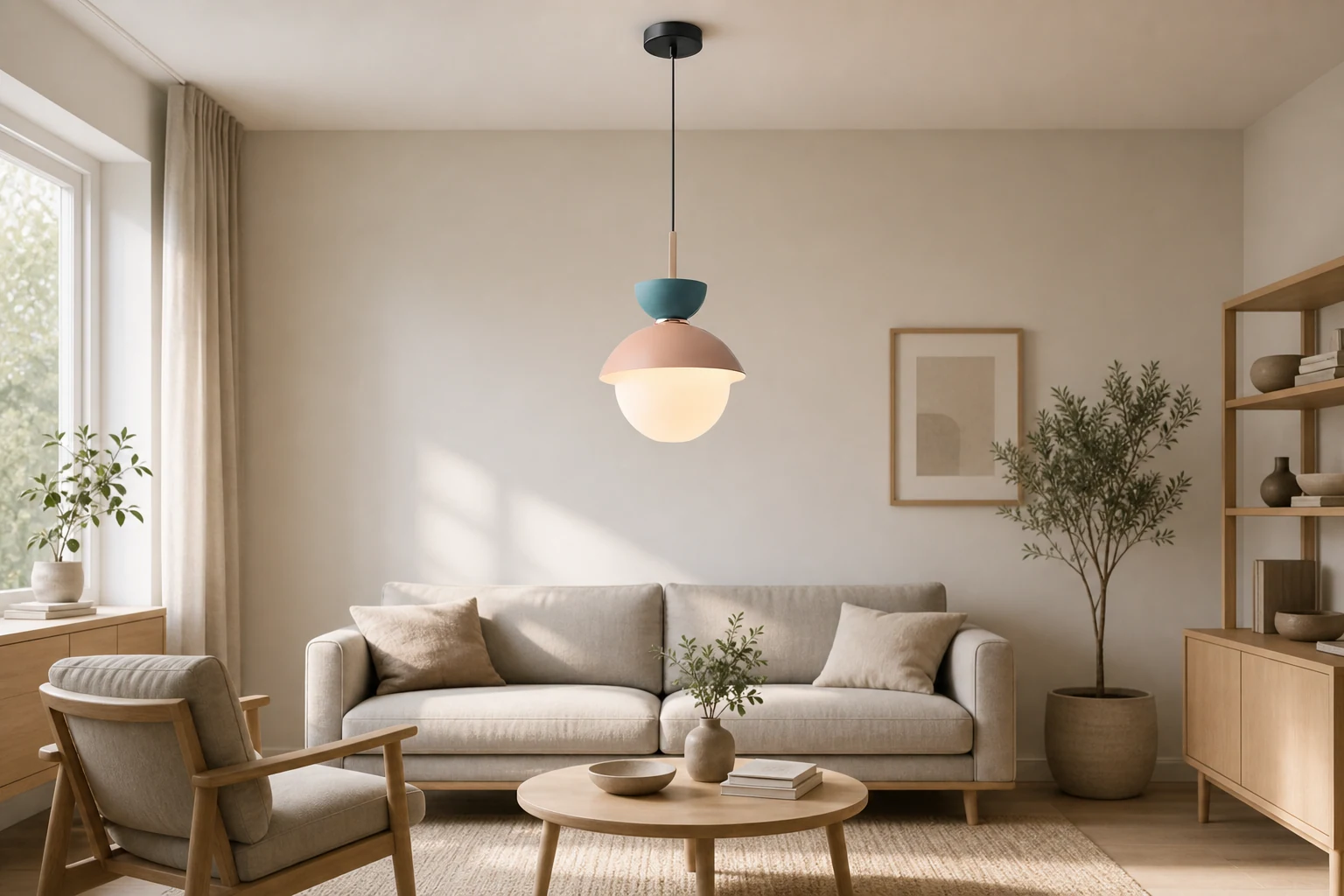Lampa wisząca Frovela w miękkiej, nowoczesnej przestrzeni życiowej