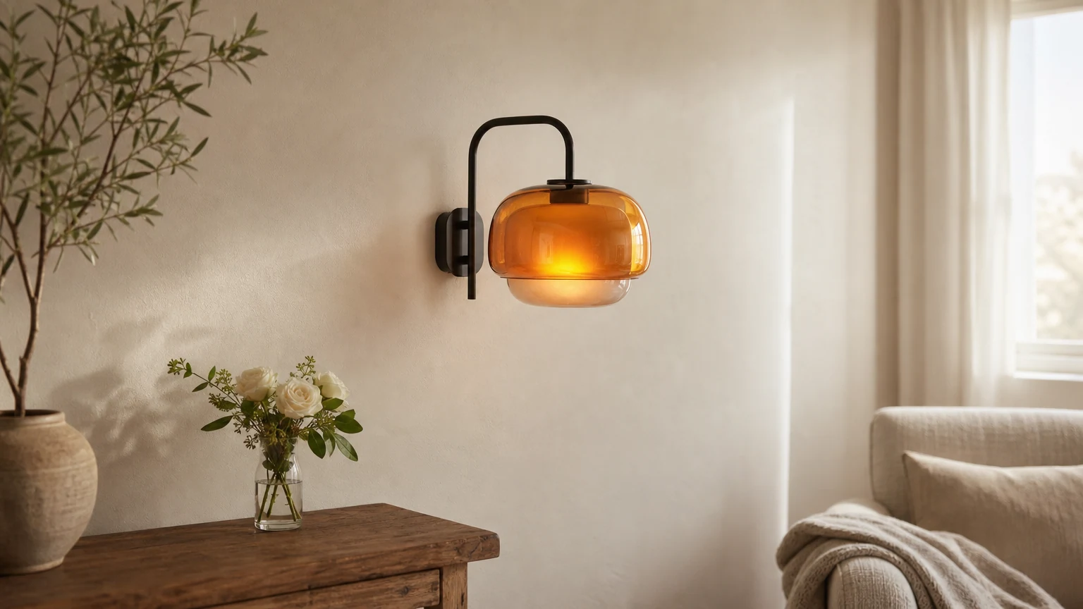 Lampada da parete Clinco in vetro colorato che diffonde una luce calda in un ambiente interno.