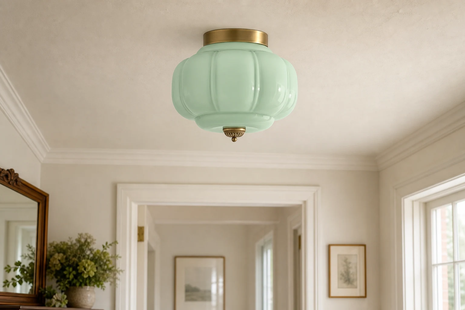 Lampa sufitowa Eloise z mlecznego szkła pokazana w innym pomieszczeniu