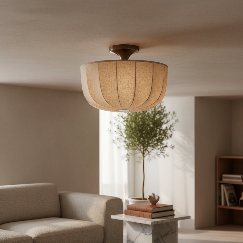 Loomis Flush Ceiling Lamp - Textured Linen Shade Aged Brass Modern Ceiling Light for Living Rooms T480
