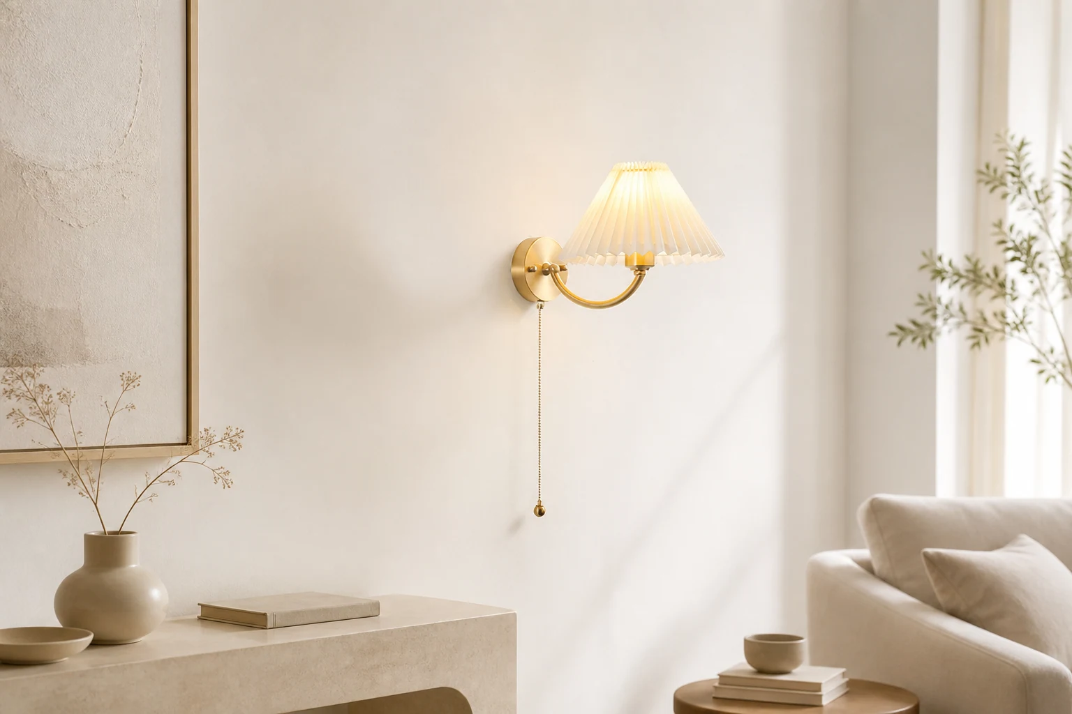 Nowoczesna mosiężna lampa ścienna w ciepłej scenie salonu