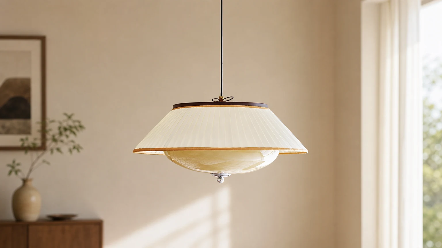 Lampa wisząca Serenique D190 w ciepłej scenerii wnętrza