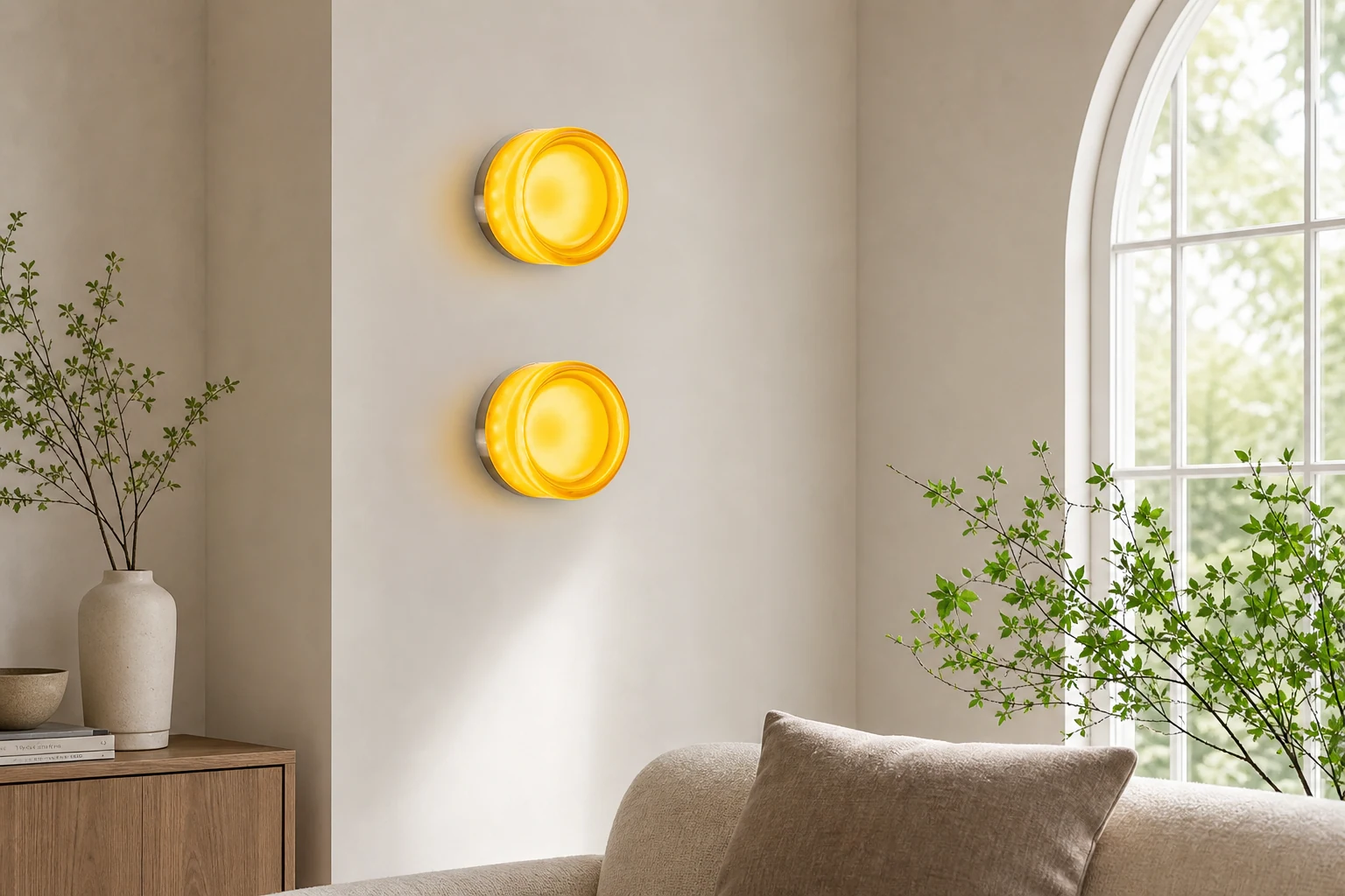 Nowoczesna okrągła lampa ścienna z wgłębieniem w scenie pokoju lifestylowego