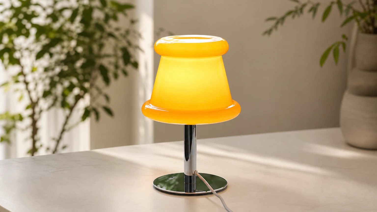 Kremfarget, kreativ, uregelmessig, sylindrisk bordlampe M49 i en varm bordoppsett