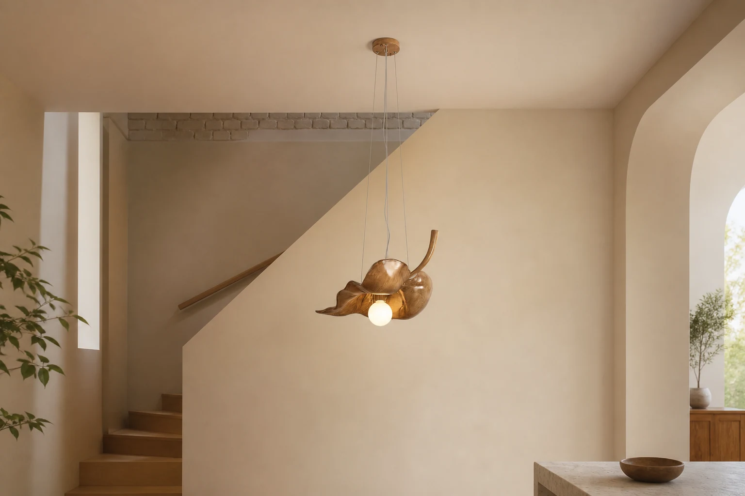 Lampa wisząca z liści klonu w scenie wnętrza stylu życia