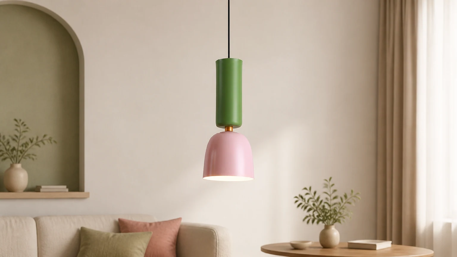 Elegancka lampa wisząca Alphabeta pokazana w kolorowej scenie w salonie